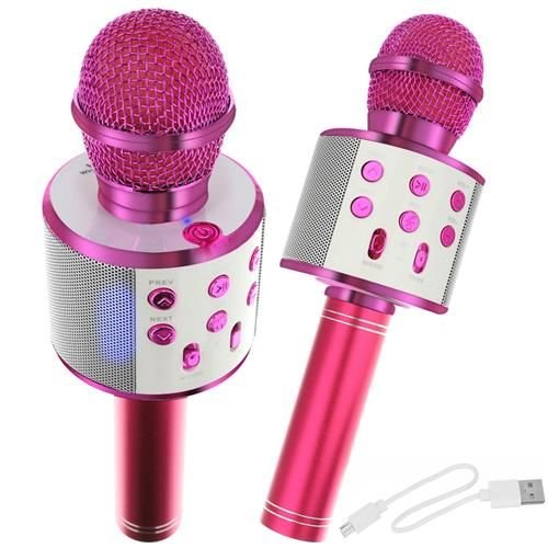 Karaokės mikrofonas su rausvu garsiakalbiu